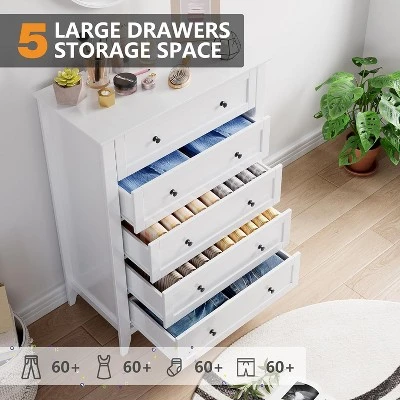 5 Drawers Dresser For Bedroom, Farmhouse Tall Wood Chest Of Drawers For Clothes, Big Storage Dressers Organizer With Gold Handles For Bedroom, White 4 5 Drawers Dresser For Bedroom, Farmhouse Tall Wood Chest Of Drawers For Clothes, Big Storage Dressers Organizer With Gold Handles For Bedroom, White - Image 4