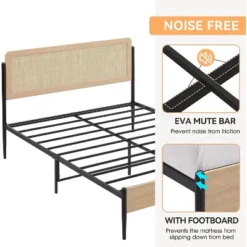 Full/Queen Size Boho Bed Frame With Rattan Headboard & Wood Footboard, Under Bed Storage, No Box Spring Needed, Noise-Free Design -Garvee Sales GUEST bf82b998 2751 4ba2 a7cb 6e0552f3c8a7