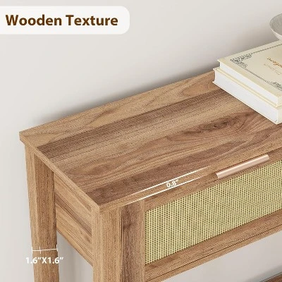 Rattan Console Table With 2 Drawers, Wooden Entryway Table With Rattan Sliding Door 4 Rattan Console Table With 2 Drawers, Wooden Entryway Table With Rattan Sliding Door - Image 4