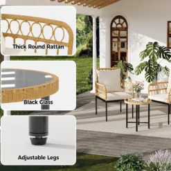 3-Piece All-Weather Wicker Rattan Bistro Patio Furniture Set With Glass Table And Thick Cushions, For Balcony, Garden, Backyard, And Poolside, Beige 10 3-Piece All-Weather Wicker Rattan Bistro Patio Furniture Set With Glass Table And Thick Cushions, For Balcony, Garden, Backyard, And Poolside, Beige -Garvee Sales GUEST c06304df 5590 4557 a400 22df4eb0a46f