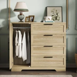 Garvee 43.3'' H Armoire Wardrobe Closet With 4 Drawers And 2 Doors, Hanging Rod, Multifunctional Wooden Dresser With Storage Closet