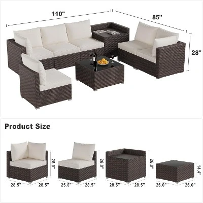 8 Pieces Outdoor Patio Furniture Set, Wicker Rattan Sectional With 4" Cushions, Glass Table & Hidden Storage Box, Brown 3 8 Pieces Outdoor Patio Furniture Set, Wicker Rattan Sectional With 4" Cushions, Glass Table & Hidden Storage Box, Brown - Image 3