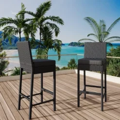Garvee Patio Wicker Barstools With Cushions, Outdoor Wicker Bar Stools Set Of 2, Rattan Bar Height Stool Set Armless For Backyard, Poolside