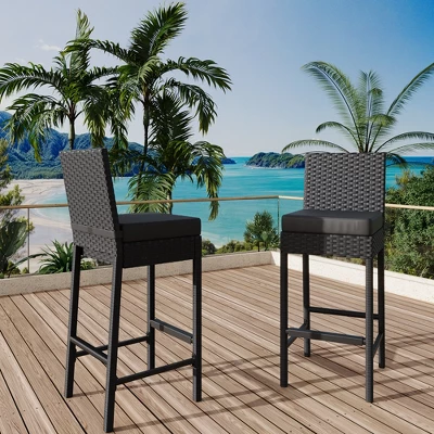 Garvee Patio Wicker Barstools With Cushions, Outdoor Wicker Bar Stools Set Of 2, Rattan Bar Height Stool Set Armless For Backyard, Poolside 1 Garvee Patio Wicker Barstools With Cushions, Outdoor Wicker Bar Stools Set Of 2, Rattan Bar Height Stool Set Armless For Backyard, Poolside
