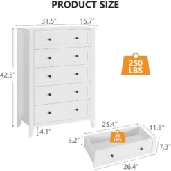 5 Drawers Dresser For Bedroom, Farmhouse Tall Wood Chest Of Drawers For Clothes, Big Storage Dressers Organizer With Gold Handles For Bedroom, White