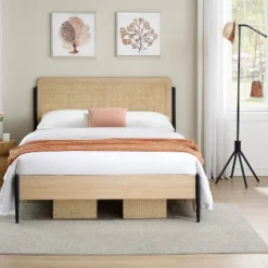 Full/Queen Size Boho Bed Frame With Rattan Headboard & Wood Footboard, Under Bed Storage, No Box Spring Needed, Noise-Free Design -Garvee Sales GUEST c309c1c3 c6a0 4fa2 bcc9 7dc71a177f7f