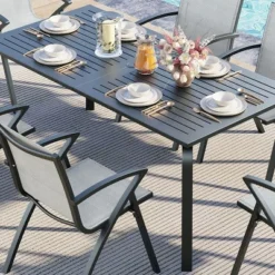 70.9"x35" Outdoor Dining Table, 8 Person Aluminum Patio Table With Slat Top And Umbrella Hole, All-Weather Black Rectangular Table -Garvee Sales GUEST c386fb53 e1e9 4ba7 afeb 79b6078d4911