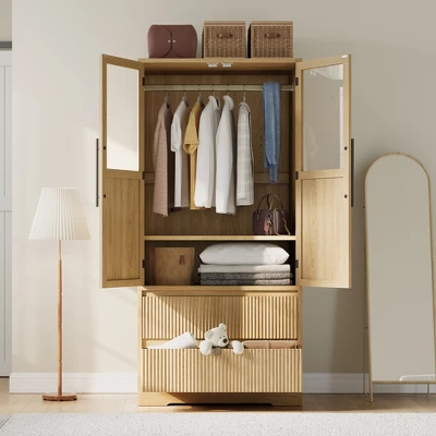 Bedroom Wooden Armoire Wardrobe Closet, Wardrobe Armoire Cabinet With 2 Doors And Drawers, Freestanding Armoire With Shelves & Hanging Rod 1 Bedroom Wooden Armoire Wardrobe Closet, Wardrobe Armoire Cabinet With 2 Doors And Drawers, Freestanding Armoire With Shelves & Hanging Rod