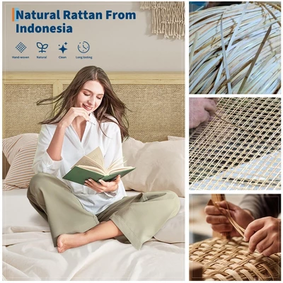 Bed Frame With Natural Rattan Headboard, Queen Size, 4 Storage Drawers, Wooden Slats, Boho-Style Cane Support, Metal Base 2 Bed Frame With Natural Rattan Headboard, Queen Size, 4 Storage Drawers, Wooden Slats, Boho-Style Cane Support, Metal Base - Image 2