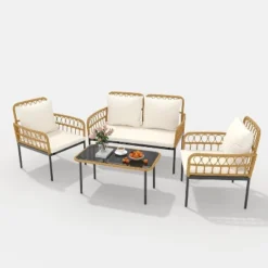 4-Piece Outdoor Patio Furniture Set, All-Weather PE Rattan Wicker Loveseat & Chairs With Glass Coffee Table & Steel Frame, Boho Conversation Set 14 4-Piece Outdoor Patio Furniture Set, All-Weather PE Rattan Wicker Loveseat & Chairs With Glass Coffee Table & Steel Frame, Boho Conversation Set -Garvee Sales GUEST c442f933 56ca 4d95 8155 6b3f090d289c