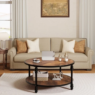 Whizmax Round Coffee Table, Rustic Wooden Surface Top & Sturdy Metal Legs Industrial Sofa Table For Living Room 4 Whizmax Round Coffee Table, Rustic Wooden Surface Top & Sturdy Metal Legs Industrial Sofa Table For Living Room - Image 4