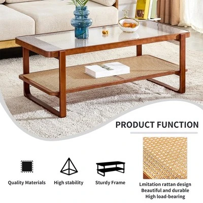Modern Rattan Coffee Table,Rectangular Center Table With Tempered Glass Tabletop,2 Tier Wood Tea Table For Living Room Office Bedroom 2 Modern Rattan Coffee Table,Rectangular Center Table With Tempered Glass Tabletop,2 Tier Wood Tea Table For Living Room Office Bedroom - Image 2