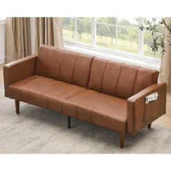 75" Futon Sofa Bed, Mid-Century Modern Futon Couch, Convertible Sleeper Sofa With Adjustable Backrest, Loveseat With Side Pockets, PU Leather, Brown -Garvee Sales GUEST c5228312 9246 4a94 b414 99899a4bee0e