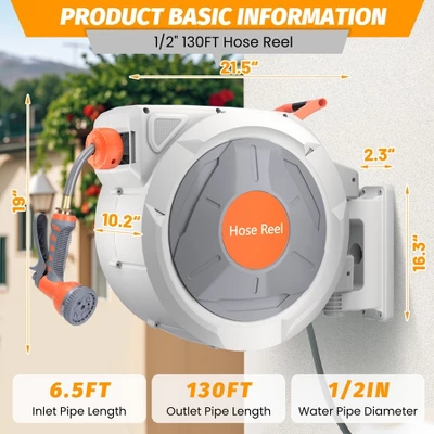 65/100/130 Ft Retractable Garden Hose Reel, With 9 Function Sprayer Nozzle, Any Length Lock, Automatic Slow Rewind, Wall Mounted, 180°Swivel Bracket 6 65/100/130 Ft Retractable Garden Hose Reel, With 9 Function Sprayer Nozzle, Any Length Lock, Automatic Slow Rewind, Wall Mounted, 180°Swivel Bracket - Image 6