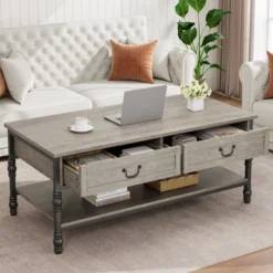 41" Rustic Coffee Table With 2 Storage Drawers, Rectangular Coffee Tables W/ Storage Shelf And Metal Legs, Wood Large Coffee Table For Living Room -Garvee Sales GUEST c5c3bb8f 9d82 47d5 8f15 1f16883f14de