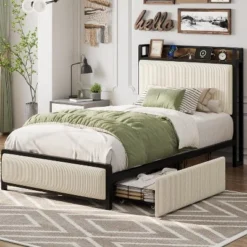 Twin Size Bed Frame With Storage Drawers & Charging Station - Rustic Velvet Upholstered Platform Bed, No Box Spring Needed 8 Twin Size Bed Frame With Storage Drawers & Charging Station - Rustic Velvet Upholstered Platform Bed, No Box Spring Needed -Garvee Sales GUEST c5cd4a2b 4745 4ce8 b597 5bb28d8b9b4a