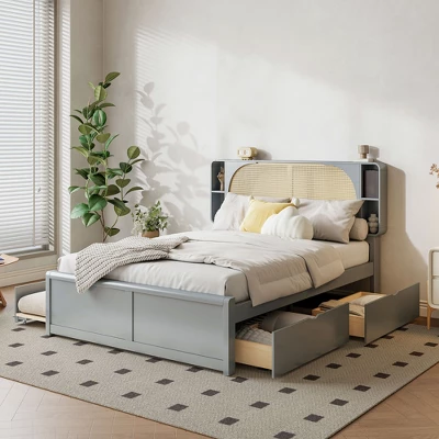 Queen Size Bed Frame With Trundle, Wood Platform Bed With Rattan Headboard & 2 Drawers, Wooden Slats Support, No Box Spring Required 8 Queen Size Bed Frame With Trundle, Wood Platform Bed With Rattan Headboard & 2 Drawers, Wooden Slats Support, No Box Spring Required - Image 8