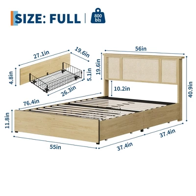 Bed Frame With Natural Rattan Headboard, Queen Size, 4 Storage Drawers, Wooden Slats, Boho-Style Cane Support, Metal Base 1 Bed Frame With Natural Rattan Headboard, Queen Size, 4 Storage Drawers, Wooden Slats, Boho-Style Cane Support, Metal Base