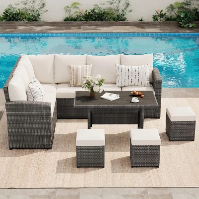 7-Piece Outdoor Patio Furniture Set – Rattan Chairs With Ottoman & Wood Coffee Table, Wicker Sectional Conversation Sofa In Beige 3 7-Piece Outdoor Patio Furniture Set – Rattan Chairs With Ottoman & Wood Coffee Table, Wicker Sectional Conversation Sofa In Beige - Image 3