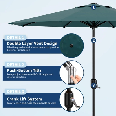 Garvee 9Ft Patio Umbrella - 8 Sturdy Ribs Outdoor Table Umbrella With Crank Lift & Push Button Tilt - Market Umbrella For Pool, Deck, Garden-Blue 2 Garvee 9Ft Patio Umbrella - 8 Sturdy Ribs Outdoor Table Umbrella With Crank Lift & Push Button Tilt - Market Umbrella For Pool, Deck, Garden-Blue - Image 2