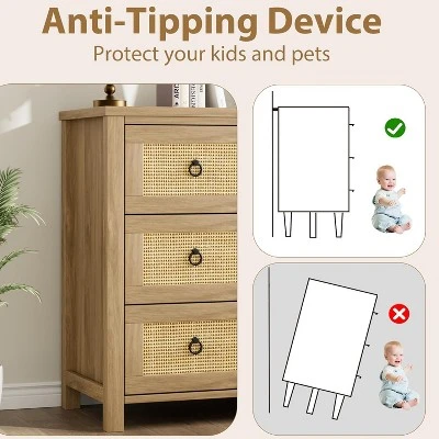 Rattan 3 Dresser For Bedroom, 29" Boho Tall Drawer Dresser With Storage, Wooden Closet Dressers Chest Of Drawers Freestanding For Home, Natural 5 Rattan 3 Dresser For Bedroom, 29" Boho Tall Drawer Dresser With Storage, Wooden Closet Dressers Chest Of Drawers Freestanding For Home, Natural - Image 5