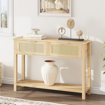 Entryway Table With Drawers, Rattan Console Table With Storage, Boho 2-Tier Sofa Table For Living Room And Hallway 2 Entryway Table With Drawers, Rattan Console Table With Storage, Boho 2-Tier Sofa Table For Living Room And Hallway - Image 2