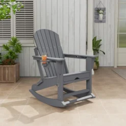 Adirondack Rocking Chair With Retractable Ottoman – Folding Outdoor Rocker Chair, Heavy Duty HDPE Material, Gray (380lb Capacity)