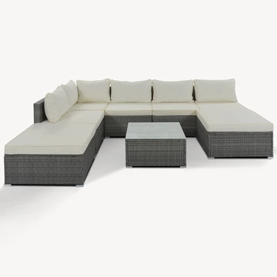 8-Pieces Patio Furniture Set, Sectional Couch With 2 Ottomans, Coffee Table, Corner Sofa, 4 Single Sofa, Anti Slip Feet, For Garden, Beige 2 8-Pieces Patio Furniture Set, Sectional Couch With 2 Ottomans, Coffee Table, Corner Sofa, 4 Single Sofa, Anti Slip Feet, For Garden, Beige - Image 2