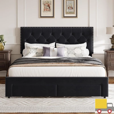 Garvee Upholstered Full Bed Frame With Storage Drawers, Velvet Platform Bed With Tufted Headboard & Rivets, No Box Spring Needed, Noise Free, Black 2 Garvee Upholstered Full Bed Frame With Storage Drawers, Velvet Platform Bed With Tufted Headboard & Rivets, No Box Spring Needed, Noise Free, Black - Image 2