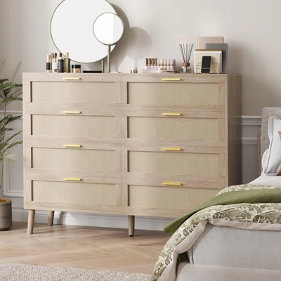 8-Drawers Rattan Dresser For Bedroom, 47 Inch Modern Chest Of Drawers With Metal Handle, Wooden Dresser TV Stand 7 8-Drawers Rattan Dresser For Bedroom, 47 Inch Modern Chest Of Drawers With Metal Handle, Wooden Dresser TV Stand - Image 7