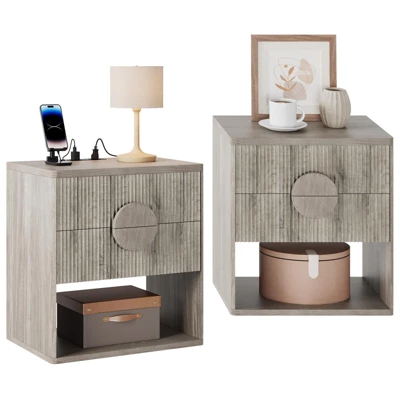 Fluted Nightstand With Charging Station - 2 Drawers + Open Shelf, Modern Wood Bedside Table For Bedroom & Living Room Storage 8 Fluted Nightstand With Charging Station - 2 Drawers + Open Shelf, Modern Wood Bedside Table For Bedroom & Living Room Storage - Image 8
