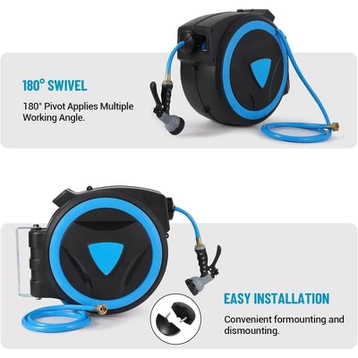 Retractable Garden Hose Reel 5/8 Inch X 82 Ft Wall Mount With 9-Pattern Nozzle 2 Retractable Garden Hose Reel 5/8 Inch X 82 Ft Wall Mount With 9-Pattern Nozzle - Image 2