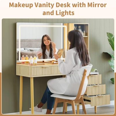 Makeup Vanity Desk With Lights, Fluted Wooden Dressing Table With 5 Drawers And Adjustable Shelves, Makeup Vanity Table Modern Glass Top For Bedroom 2 Makeup Vanity Desk With Lights, Fluted Wooden Dressing Table With 5 Drawers And Adjustable Shelves, Makeup Vanity Table Modern Glass Top For Bedroom - Image 2