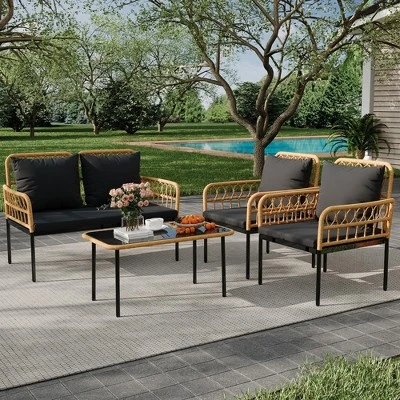 4-Piece Patio Set With Deep Seating & Waterproof Cushions, Boho Wicker Furniture With Coffee Table For Balcony, Backyard, Garden 6 4-Piece Patio Set With Deep Seating & Waterproof Cushions, Boho Wicker Furniture With Coffee Table For Balcony, Backyard, Garden - Image 6