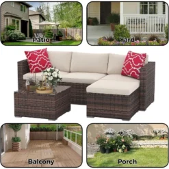 Garvee 5 Pieces Patio Furniture Set - Rattan Outdoor Sofa Set With Cushions, Wicker Sectional With Glass Coffee Table & Ottoman -Garvee Sales GUEST cc052ea6 a119 45b1 8138 3b9b2d8f99e5