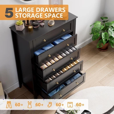 Wood Dresser For Bedroom, Chest Of Drawers With 5 Drawer & Metal Handle, Closet Store Organizer 4 Wood Dresser For Bedroom, Chest Of Drawers With 5 Drawer & Metal Handle, Closet Store Organizer - Image 4