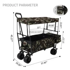Collapsible Garden Cart With Removable Canopy, Extra Large Folding Utility Wagon Carts With 7" Wheels, 360 Degree Swivel Wheels & Adjustable Handle