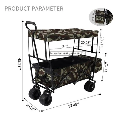 Collapsible Garden Cart With Removable Canopy, Extra Large Folding Utility Wagon Carts With 7" Wheels, 360 Degree Swivel Wheels & Adjustable Handle 1 Collapsible Garden Cart With Removable Canopy, Extra Large Folding Utility Wagon Carts With 7" Wheels, 360 Degree Swivel Wheels & Adjustable Handle