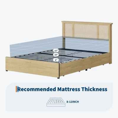 Bed Frame With Natural Rattan Headboard, Queen Size, 4 Storage Drawers, Wooden Slats, Boho-Style Cane Support, Metal Base 7 Bed Frame With Natural Rattan Headboard, Queen Size, 4 Storage Drawers, Wooden Slats, Boho-Style Cane Support, Metal Base - Image 7