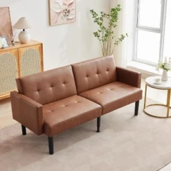 3-Position Adjustable Futon Sofa Bed, Compact Loveseat, Modern Mid-Century Sleeper Sofa, Convertible Couch, Living Room Couches (Grey/Brown) -Garvee Sales GUEST ced73c5a 82db 46b0 af08 ab91089de1b3