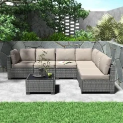 7-Piece Outdoor Patio Furniture Set With Glass Top Coffee Table, PE Rattan Wicker Sectional Modular Conversation Sofa Set W/ Cushions For Patio 17 7-Piece Outdoor Patio Furniture Set With Glass Top Coffee Table, PE Rattan Wicker Sectional Modular Conversation Sofa Set W/ Cushions For Patio -Garvee Sales GUEST cede72d0 b9d3 4a23 99dd 1bbb13ac9036