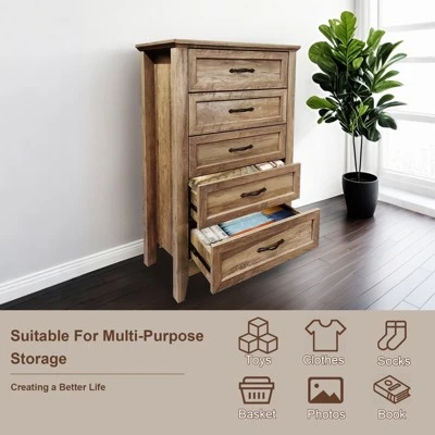 Garvee 5 Drawer Dresser, Farmhouse Tall Dresser For Closet, Rustic Chest Of Drawer With Wide Metal Handles, Wood Dressers Organizer For Bedroom 2 Garvee 5 Drawer Dresser, Farmhouse Tall Dresser For Closet, Rustic Chest Of Drawer With Wide Metal Handles, Wood Dressers Organizer For Bedroom - Image 2