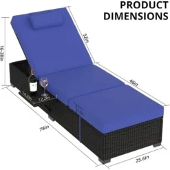 2 PCS Patio Chaise Lounge Chairs, Recliner Chairs With Side Foldable Tabletop, Reclining Chair With Adjustable Backrest Cushions For Poolside