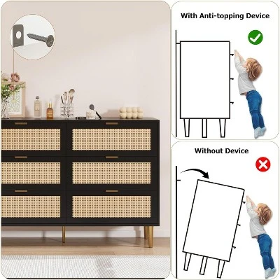 Rattan 6 Drawer Dresser, Wide Double Dresser With Gold Handles & Legs, Modern Chest With Large Storage For Bedroom Or Living Room 3 Rattan 6 Drawer Dresser, Wide Double Dresser With Gold Handles & Legs, Modern Chest With Large Storage For Bedroom Or Living Room - Image 3