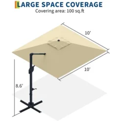 10ft Large Cantilever Patio Umbrella - 360° Rotating, Aluminum Outdoor Shade For Garden, Deck, Pool