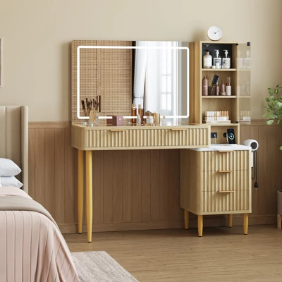 Makeup Vanity Desk With Lights, Fluted Wooden Dressing Table With 5 Drawers And Adjustable Shelves, Makeup Vanity Table Modern Glass Top For Bedroom 8 Makeup Vanity Desk With Lights, Fluted Wooden Dressing Table With 5 Drawers And Adjustable Shelves, Makeup Vanity Table Modern Glass Top For Bedroom - Image 8