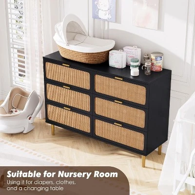 Rattan 6 Drawer Dresser For Bedroom, Large Double Dresser With Deep Drawers, Long Wooden Chest Of Drawers For Living Room, Hallway, Kids Room 4 Rattan 6 Drawer Dresser For Bedroom, Large Double Dresser With Deep Drawers, Long Wooden Chest Of Drawers For Living Room, Hallway, Kids Room - Image 4