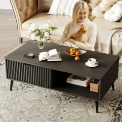 2-Tiers Coffee Table, 41.34''L Farmhouse Coffee Tables With Storage And Sliding Wave Pattern Door, Modren Tea Table, Wood -Garvee Sales GUEST d013d1d8 63b3 434e 8897 5a29b8e28b5b