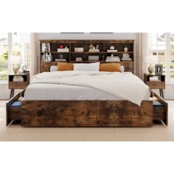 Storage Wooden Bed Frame With Bookcase Headboard And 4 Large Drawers
