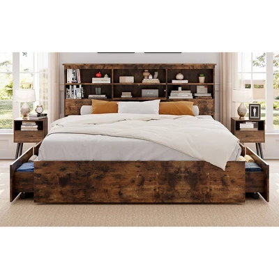 Storage Wooden Bed Frame With Bookcase Headboard And 4 Large Drawers 1 Storage Wooden Bed Frame With Bookcase Headboard And 4 Large Drawers